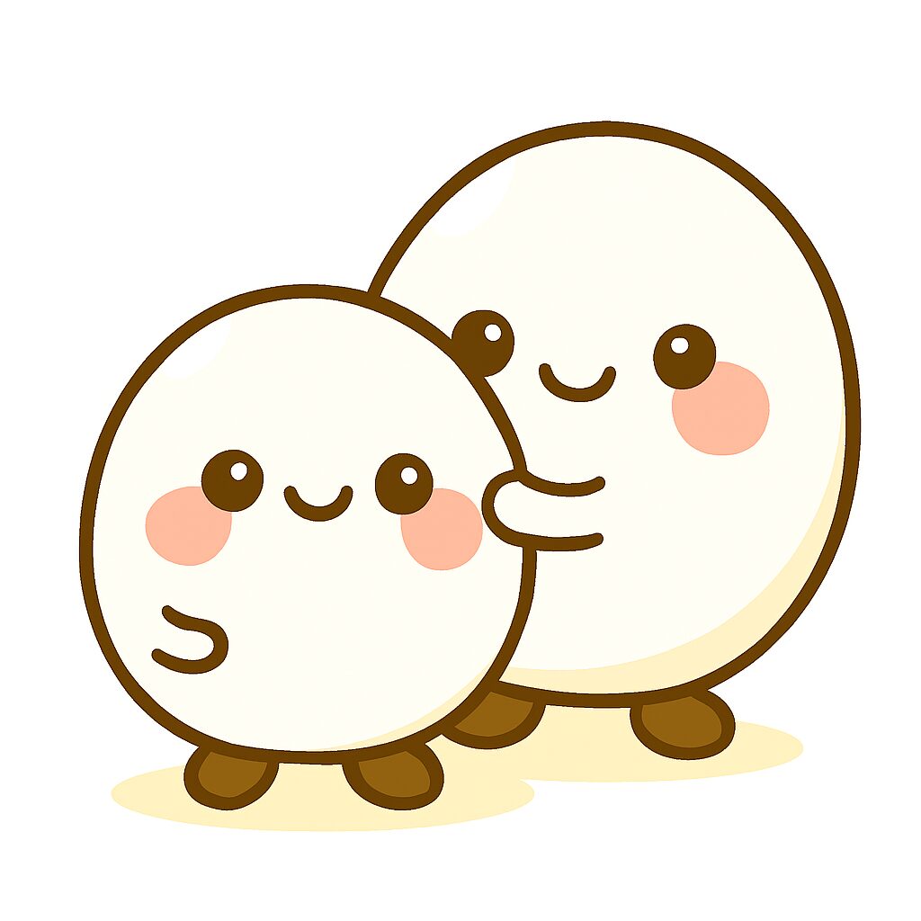 やさしい表情のたまごキャラクターが、しょんぼりしたたまごをよしよしして励ましている様子のイラスト