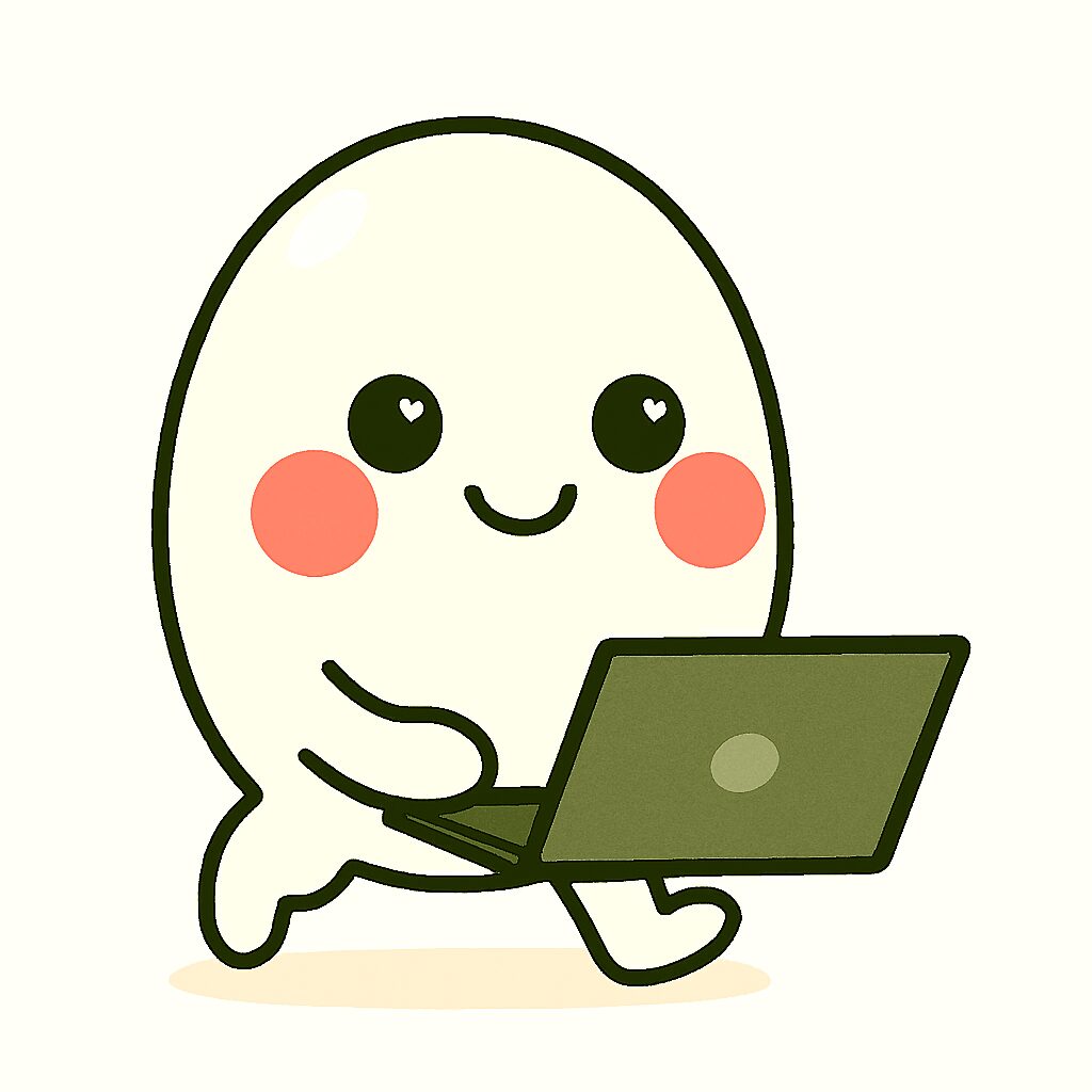 楽しそうにパソコンでお仕事をしているたまごのキャラクター。一歩踏み出している様子を表現している