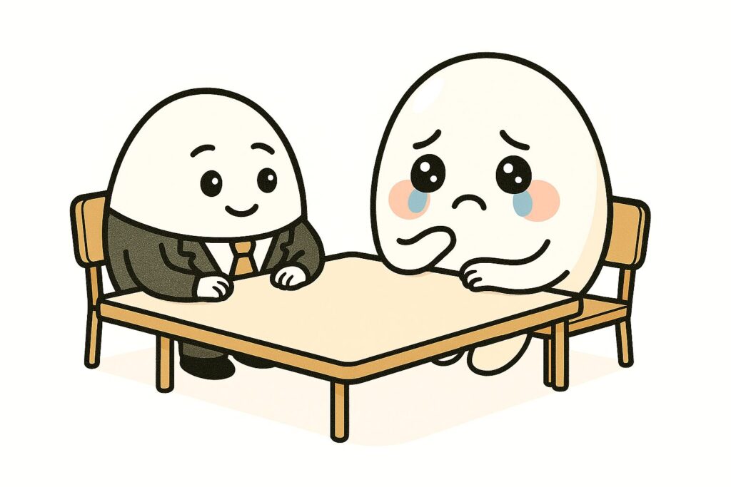 スーツ姿の優しげなたまごキャラが、涙を流すたまごキャラの悩みを聞いている面談シーンのイラスト