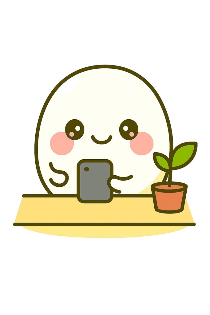 前向きにスマホで転職サイトやエージェントの情報を調べているたまごのキャラクターのイラスト