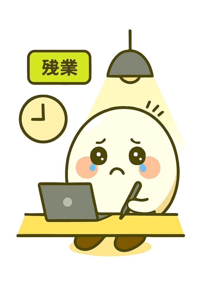 残業が辛くて泣いている状況をたまごのキャラクターと共に表現したイラスト