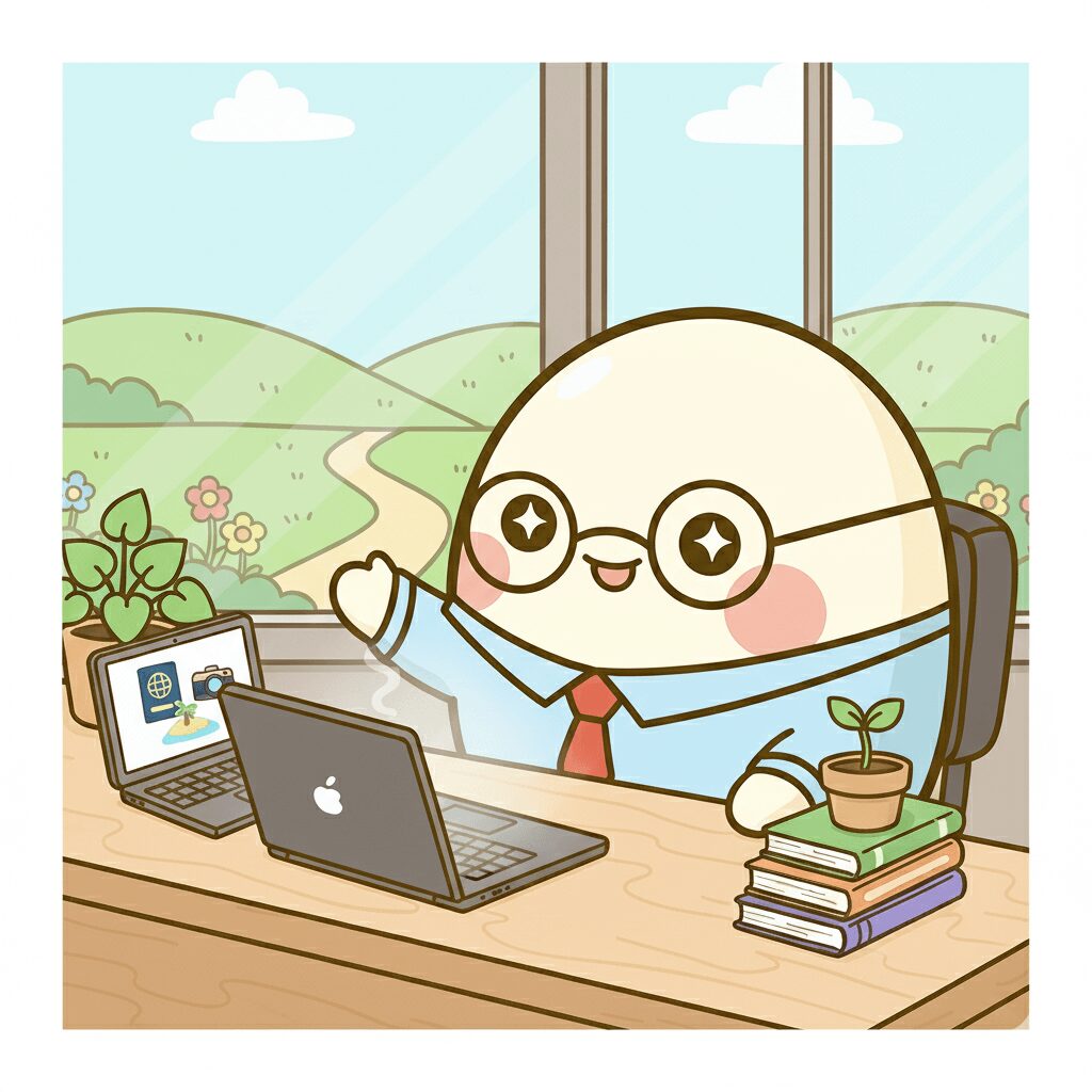 今の働き方に迷うたまごのキャラクターが、自分らしい働き方をイメージしているイラスト