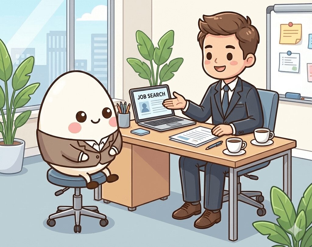 転職エージェントと面談するキャラクター「たままる」が、アドバイザーとデスクで転職相談をしているイラスト